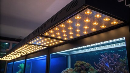 Aufkleber - Lighting Installation A medium closeup of LED lights being installed above the aquarium walls focusing on the warm glow and enhancing the futuristic design aspect.