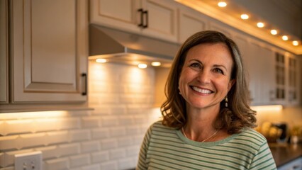 Aufkleber - Medium closeup capturing a family member smiling as they admire the newly installed undercabinet lights with the kitchens ambiance visibly enhanced.