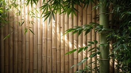 Aufkleber - Medium closeup of a bamboo feature wall with sundappled light filtering through leafy green plants enhancing the organic feel and creating a serene atmosphere.
