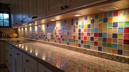 Aufkleber - Medium closeup of a backsplash featuring colorful mosaic tiles with LED lights enhancing the colors creating a dynamic and inviting kitchen environment.