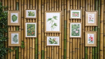 Fototapete - Medium closeup of a bamboo wall adorned with framed botanical art merging artistic expression with natural materials to create a harmonious decor theme that celebrates the