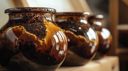Poster - Circular jars filled with rich chocolate hues, artistically blended with splashes and textures, embodying the warmth and natural tones of comfort.