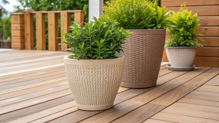 Aufkleber - Medium closeup of a beautifully arranged potted plant displayed on the wooden decking with the pots texture and colors complementing the natural tones of the decking material.