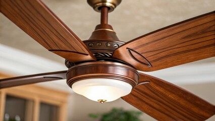 Poster - Medium closeup of a beautifully designed wooden blade of a ceiling fan highlighting the smooth grain and rich color paired with an elegant light fixture.