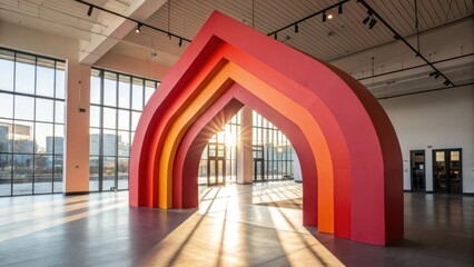 Poster - Medium closeup of a bold geometric arch painted in a striking color serving as a dramatic focal point in a contemporary openplan layout while sunlight streams through large windows