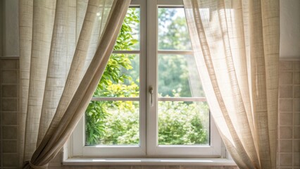 Poster - Medium closeup of a bathroom window softly filtered with linen curtains showcasing elements of nature and bright greenery outside creating a seamless indooroutdoor feel.
