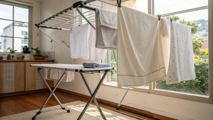 Poster - Medium closeup of a ceiling drying rack conveniently positioned over a folding table with freshly washed linens hanging above highlighting the dualpurpose use of the space.