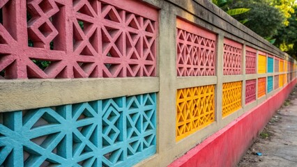 Poster - Medium closeup of a concrete wall with intricate lattice patterns filled with vibrant color wash providing a striking contrast and enhancing the decorative element.