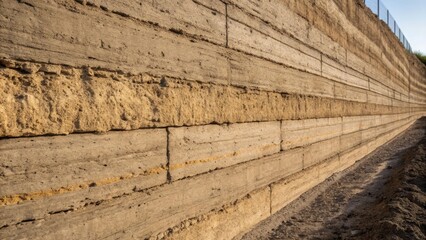 Poster - Medium closeup of a concrete wall featuring a layered texture where large rough aggregates are visible at various depths creating a rugged and earthy feel.