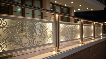 Aufkleber - Medium closeup of a decorative glass railing segment where the builtin lighting softly illuminates decorative elements or etched designs enhancing the overall ambiance of the
