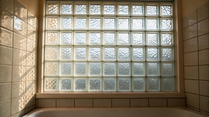 Aufkleber - Medium closeup of a glass block wall in a bathroom setting revealing how the light softens the space enhancing the serene mood of the environment.