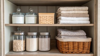 Poster - Medium closeup of a cozy nook filled with open shelves displaying decorative jars filled with laundry supplies along with a stack of neatly folded fabric softeners blending