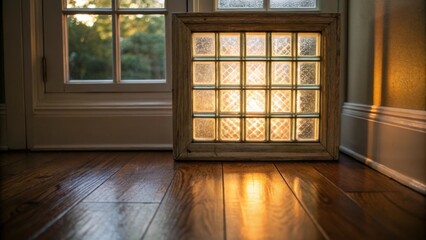 Aufkleber - Medium closeup of a glass block window showcasing how the light filters in casting a warm glow on the wooden floor enhancing the cozy feel of the room.