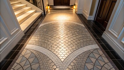Aufkleber - Medium closeup of a finished foyer featuring a gradient tile pattern that transitions from dark to light with subtle lighting accentuating the design.
