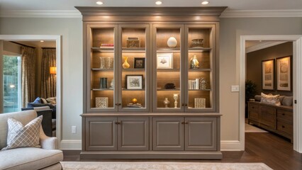 Poster - Medium closeup of a living area featuring a custommade bookshelf that matches the rooms color scheme with glass doors displaying collectibles and knickknacks providing a