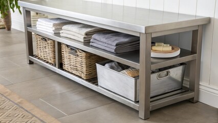 Aufkleber - Medium closeup of a minimalist metal storage unit integrated beneath a sleek dining bench featuring clean lines and a contemporary finish filled with neatly arranged folded table