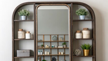 Aufkleber - Medium closeup of a mirror with integrated shelves reflecting decorative items and ries adding depth and functionality in a confined space.