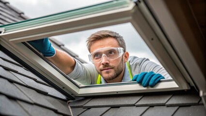 Aufkleber - Medium closeup of an installer wearing safety goggles and gloves carefully aligning the skylight with the roof structure demonstrating a focus on safety.