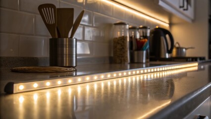Poster - Medium closeup of an illuminated strip light showcasing a soft glow reflecting off polished countertops and illuminating nearby kitchen utensils.