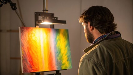Aufkleber - Medium closeup of a painter evaluating the warm white light from newly installed track lighting illuminating vibrant colors on a canvas.
