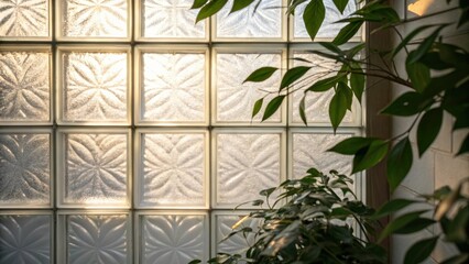 Aufkleber - Medium closeup of a section of glass block wall showcasing the soft diffused light filtering through illuminating a nearby plant with gentle highlights.