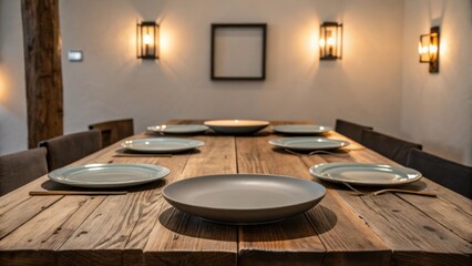 Fototapete - Medium closeup of a rustic wooden dining table adorned with modern plates and lery framed by soft ambient lighting from wall sconces that create a cozy atmosphere.