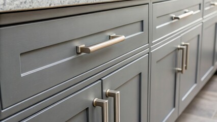Poster - Medium closeup of a set of modern cabinet handles being strategically arranged on a sleek gray cabinet front showcasing their minimalist design.