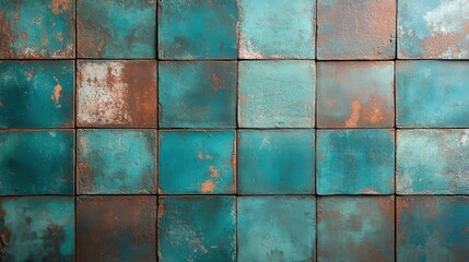Poster - This image showcases a textured arrangement of turquoise tiles, reflecting an artistic touch with a rustic ambiance that would enhance any interior decor.