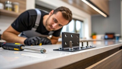 Aufkleber - Medium closeup of a team member tightening screws on a mounting bracket with a luminous countertop backlit to reveal the craftsmanship.
