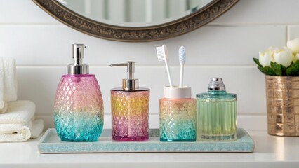 Poster - Medium closeup of bath accessories on a vanity highlighted with a changing palette of ambient colors that enhances their design and texture.