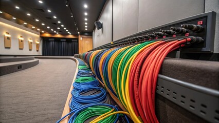 Poster - Medium closeup of colorful audio speaker cables being organized and neatly routed along the edges of a theater room emphasizing cables aesthetic integration.