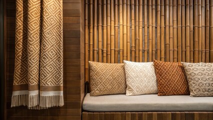 Poster - Medium closeup of bamboo wall accents paired with woven textiles creating a cozy and inviting setting that balances modern design with traditional materials.