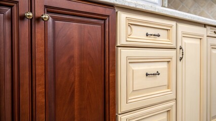 Poster - Medium closeup of a wooden kitchen cabinet door with a rich mahogany finish complemented by a soft creamcolored upper cabinet showcasing elegant hardware.