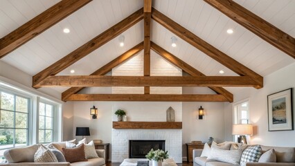 Aufkleber - Medium closeup of intersecting wood beams in a cozy living room creating a warm atmosphere with contrasting white walls and plush furnishings below.