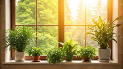 Poster - Medium closeup of sunlight filtering through a large window illuminating a selection of indoor plants arranged on the sill creating a vibrant inviting space.
