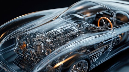 Poster - Close-up of a realistic 3D model of a transparent car body, showcasing the mechanical and electronic systems inside, in a cutting-edge automotive studio setting.