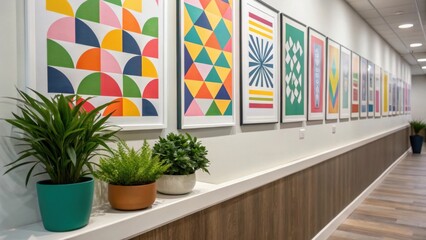 Aufkleber - Medium closeup showing a corner of a hallway with a vibrant gallery wall filled with colorful geometric prints complemented by potted plants on a ledge.