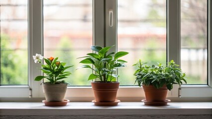 Poster -  potted plants on the windowsill bring nature indoors adding a touch of serenity.