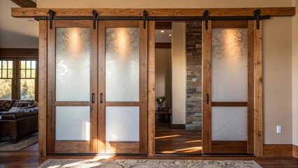Aufkleber - The interplay of shadows on the surface of the sliding barn doors with the etched glass capturing the changing light throughout the day enhancing the rooms atmosphere.