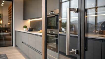 Poster - The reflection of a stylish kitchen seen through a glass panel next to a sleek handle merging indoor aesthetics with functional hardware.