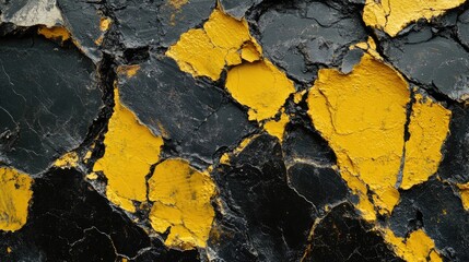 Poster - Close-up of a rugged rock surface with unique yellow and black patterns, showcasing the natural beauty and textures of stone in an abstract and intriguing view.