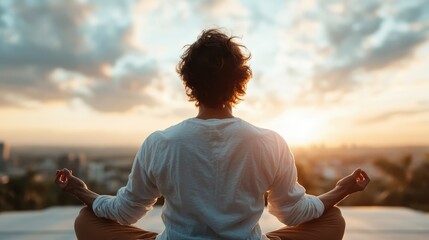 Poster - A person meditates facing a breathtaking sunset, symbolizing tranquility and introspection, highlighting the beauty of nature and the calmness of the moment.
