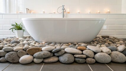 Poster - A beautiful arrangement of decorative stones and pebbles artfully p around the base of a freestanding bathtub providing a serene ambiance.