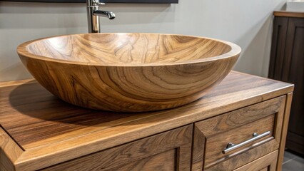 Aufkleber - A beautifully finished wooden vanity with a vessel sink featuring sleek lines with a focus on the unique grain patterns of the wood contrasting against the smooth sink surface.