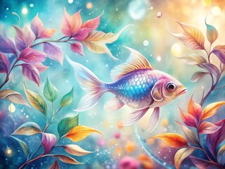 Wall Mural - Elegant Watercolor Fish & Leaf Pattern: Bokeh Background Stock Photo