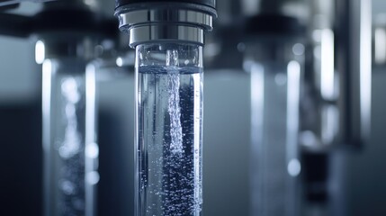 Poster - Close-up of pure water streaming through a reverse osmosis filtration system, highlighting clarity and fluid dynamics of the purification process.
