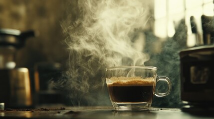 Poster - Close up of smooth espresso flowing into a glass with steam rising, set against a rustic backdrop, creating an inviting and indulgent scene.