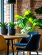 © AI Photo Stock - Modern Dining Room with Plants and Minimalist Chairs - Stylish round dining table with dark blue chairs, potted plants, and a brick wall background. Bright and airy space