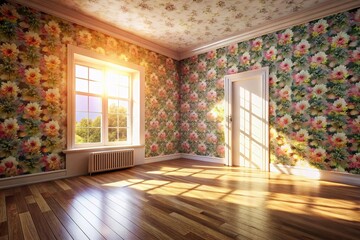 Wall Mural - Empty Room with Floral Wallpaper - Drone Photography Viewpoint