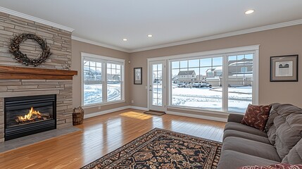 Wall Mural - Cozy living room fireplace winter view suburban home